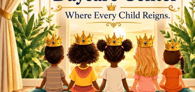 Illustrated children in golden crowns looking toward a bright future