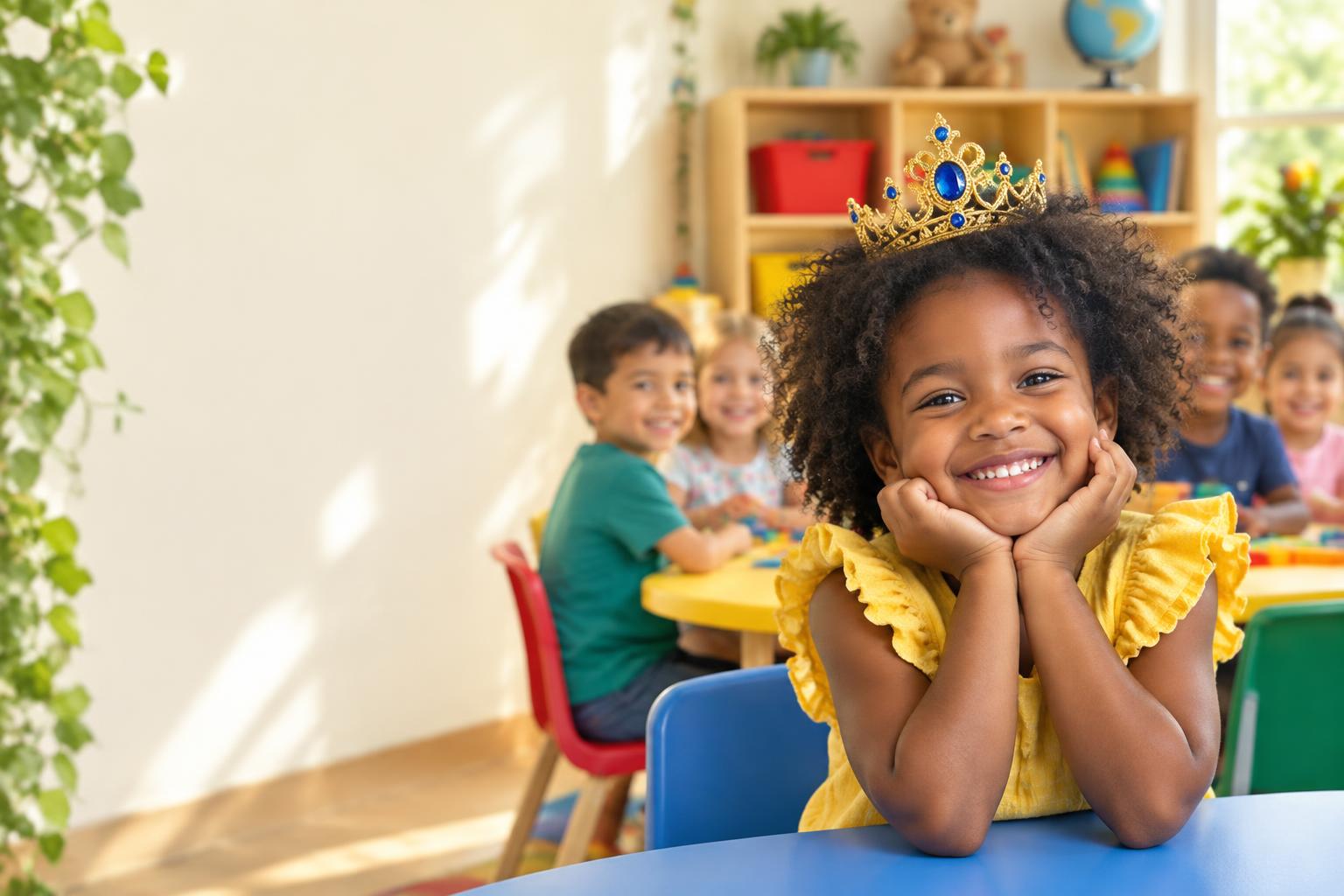 Smiling child wearing a gold crown in a bright daycare classroom
